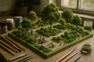 Como criar um diorama de parque urbano com mini árvores e bancos públicos