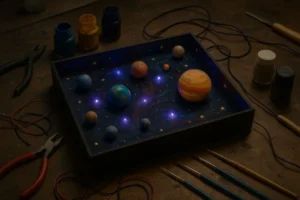 Dioramas com temática de espaço sideral e planetas coloridos